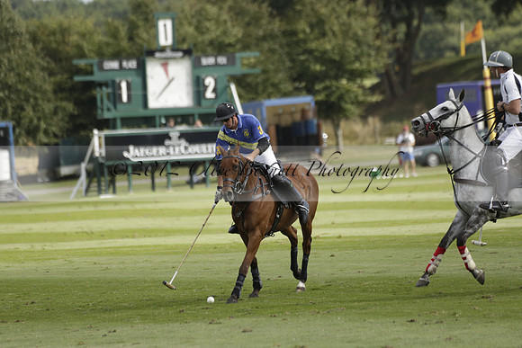 Combe Place (blue) v Silver Fox (white) in a Park House West Sussex Cup Polo match on Ambersham 1 at Cowdray Park Polo Club on Friday 30 August 2013. 2013.08.30 www.polopictures.co.uk