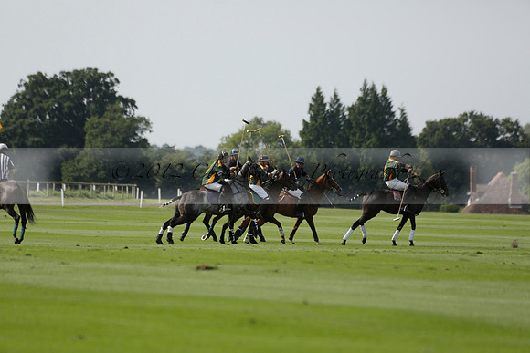 Maiz Dulce (green) v River (blue) in a Uber Polo Midsummer 12 goal polo match on Wednesday 21 August 2013 at Cowdray park Polo Club on Ambersham 2.  www.polopictures.co.uk