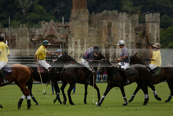 La Tremenda (lilac) v Maiz Dulce (yellow) in a Brecknock Cup polo match played on Lawns 1 at the Cowdray Park Polo Club on Tuesday 13 August 2013