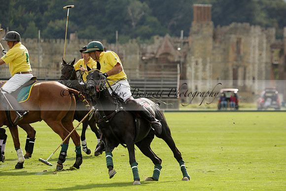 La Tremenda (lilac) v Maiz Dulce (yellow) in a Brecknock Cup polo match played on Lawns 1 at the Cowdray Park Polo Club on Tuesday 13 August 2013