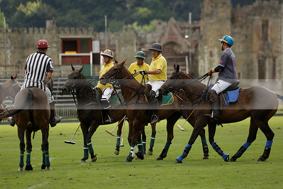 La Tremenda (lilac) v Maiz Dulce (yellow) in a Brecknock Cup polo match played on Lawns 1 at the Cowdray Park Polo Club on Tuesday 13 August 2013