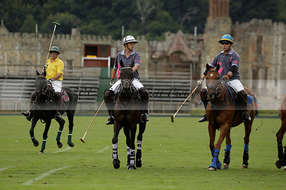 La Tremenda (lilac) v Maiz Dulce (yellow) in a Brecknock Cup polo match played on Lawns 1 at the Cowdray Park Polo Club on Tuesday 13 August 2013