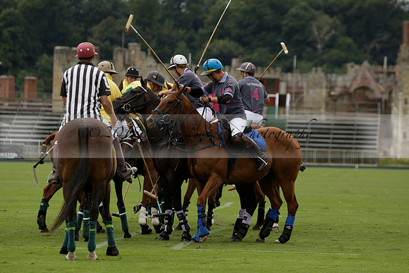 La Tremenda (lilac) v Maiz Dulce (yellow) in a Brecknock Cup polo match played on Lawns 1 at the Cowdray Park Polo Club on Tuesday 13 August 2013
