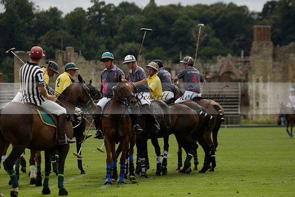 La Tremenda (lilac) v Maiz Dulce (yellow) in a Brecknock Cup polo match played on Lawns 1 at the Cowdray Park Polo Club on Tuesday 13 August 2013