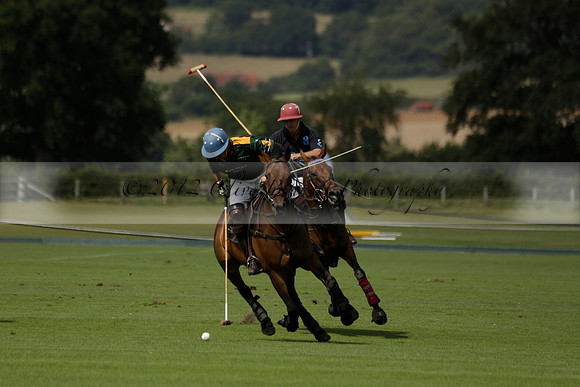 Maiz Dulce (green) v River (blue) in a Uber Polo Midsummer 12 goal polo match on Wednesday 21 August 2013 at Cowdray park Polo Club on Ambersham 2.  www.polopictures.co.uk