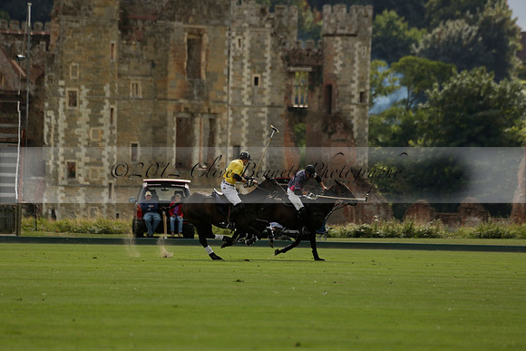 La Tremenda (lilac) v Maiz Dulce (yellow) in a Brecknock Cup polo match played on Lawns 1 at the Cowdray Park Polo Club on Tuesday 13 August 2013