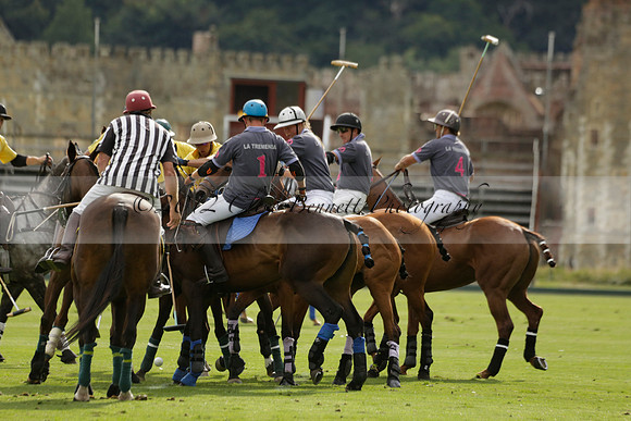 La Tremenda (lilac) v Maiz Dulce (yellow) in a Brecknock Cup polo match played on Lawns 1 at the Cowdray Park Polo Club on Tuesday 13 August 2013