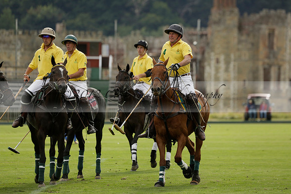 La Tremenda (lilac) v Maiz Dulce (yellow) in a Brecknock Cup polo match played on Lawns 1 at the Cowdray Park Polo Club on Tuesday 13 August 2013