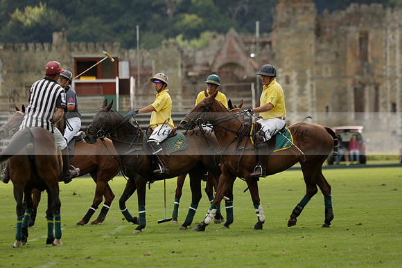La Tremenda (lilac) v Maiz Dulce (yellow) in a Brecknock Cup polo match played on Lawns 1 at the Cowdray Park Polo Club on Tuesday 13 August 2013