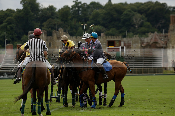 La Tremenda (lilac) v Maiz Dulce (yellow) in a Brecknock Cup polo match played on Lawns 1 at the Cowdray Park Polo Club on Tuesday 13 August 2013