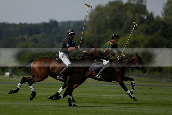 Maiz Dulce (green) v River (blue) in a Uber Polo Midsummer 12 goal polo match on Wednesday 21 August 2013 at Cowdray park Polo Club on Ambersham 2.  www.polopictures.co.uk