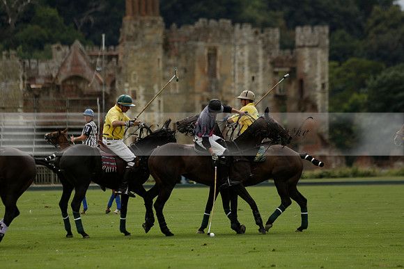 La Tremenda (lilac) v Maiz Dulce (yellow) in a Brecknock Cup polo match played on Lawns 1 at the Cowdray Park Polo Club on Tuesday 13 August 2013
