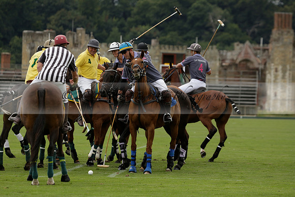 La Tremenda (lilac) v Maiz Dulce (yellow) in a Brecknock Cup polo match played on Lawns 1 at the Cowdray Park Polo Club on Tuesday 13 August 2013
