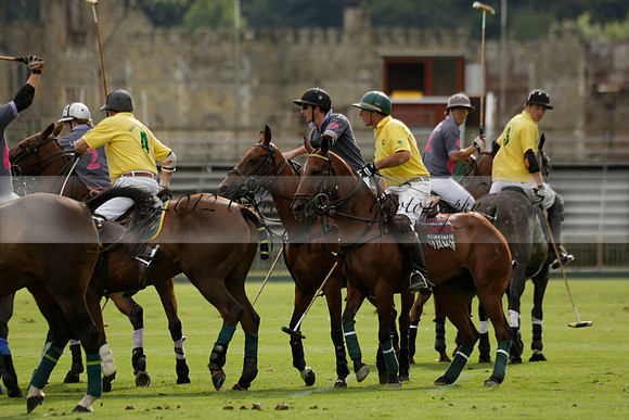 La Tremenda (lilac) v Maiz Dulce (yellow) in a Brecknock Cup polo match played on Lawns 1 at the Cowdray Park Polo Club on Tuesday 13 August 2013