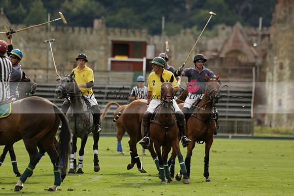 La Tremenda (lilac) v Maiz Dulce (yellow) in a Brecknock Cup polo match played on Lawns 1 at the Cowdray Park Polo Club on Tuesday 13 August 2013