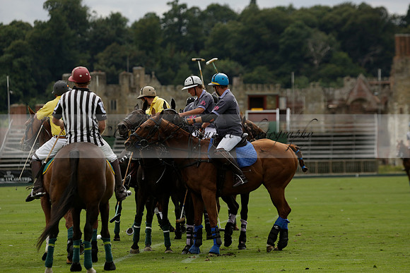 La Tremenda (lilac) v Maiz Dulce (yellow) in a Brecknock Cup polo match played on Lawns 1 at the Cowdray Park Polo Club on Tuesday 13 August 2013