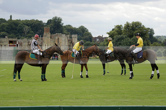 La Tremenda (lilac) v Maiz Dulce (yellow) in a Brecknock Cup polo match played on Lawns 1 at the Cowdray Park Polo Club on Tuesday 13 August 2013
