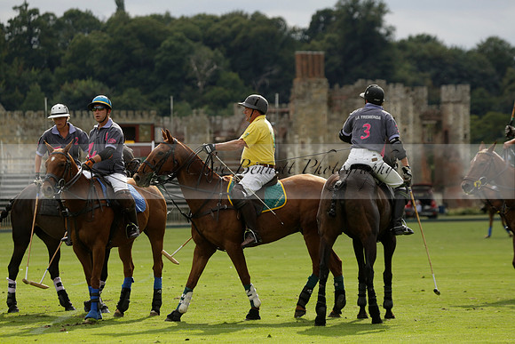 La Tremenda (lilac) v Maiz Dulce (yellow) in a Brecknock Cup polo match played on Lawns 1 at the Cowdray Park Polo Club on Tuesday 13 August 2013
