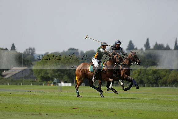 Maiz Dulce (green) v River (blue) in a Uber Polo Midsummer 12 goal polo match on Wednesday 21 August 2013 at Cowdray park Polo Club on Ambersham 2.  www.polopictures.co.uk