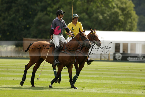 La Tremenda (lilac) v Maiz Dulce (yellow) in a Brecknock Cup polo match played on Lawns 1 at the Cowdray Park Polo Club on Tuesday 13 August 2013