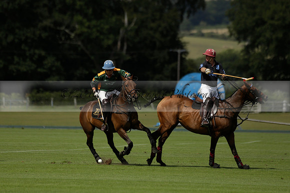 Maiz Dulce (green) v River (blue) in a Uber Polo Midsummer 12 goal polo match on Wednesday 21 August 2013 at Cowdray park Polo Club on Ambersham 2.  www.polopictures.co.uk