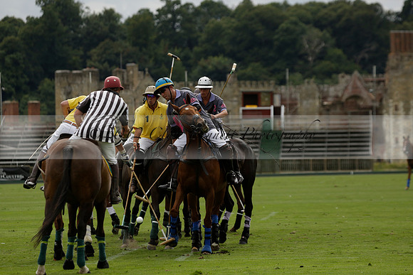 La Tremenda (lilac) v Maiz Dulce (yellow) in a Brecknock Cup polo match played on Lawns 1 at the Cowdray Park Polo Club on Tuesday 13 August 2013