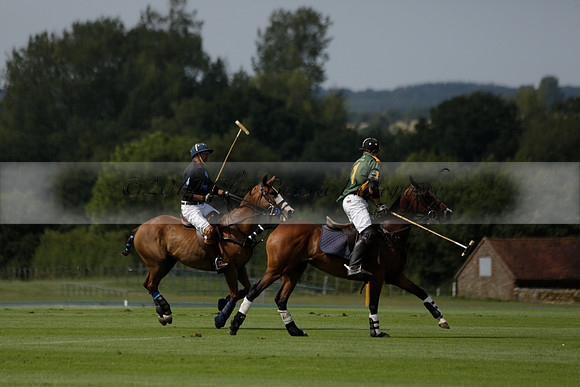 Maiz Dulce (green) v River (blue) in a Uber Polo Midsummer 12 goal polo match on Wednesday 21 August 2013 at Cowdray park Polo Club on Ambersham 2.  www.polopictures.co.uk