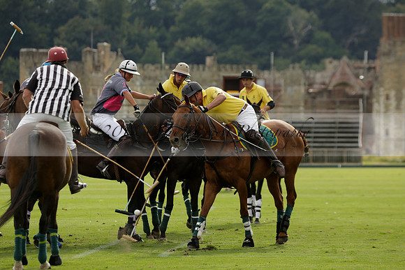 La Tremenda (lilac) v Maiz Dulce (yellow) in a Brecknock Cup polo match played on Lawns 1 at the Cowdray Park Polo Club on Tuesday 13 August 2013