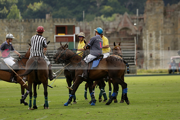 La Tremenda (lilac) v Maiz Dulce (yellow) in a Brecknock Cup polo match played on Lawns 1 at the Cowdray Park Polo Club on Tuesday 13 August 2013