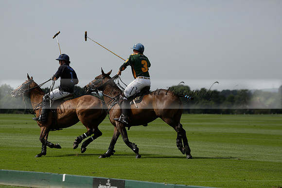Maiz Dulce (green) v River (blue) in a Uber Polo Midsummer 12 goal polo match on Wednesday 21 August 2013 at Cowdray park Polo Club on Ambersham 2.  www.polopictures.co.uk