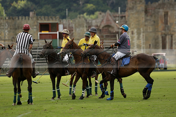 La Tremenda (lilac) v Maiz Dulce (yellow) in a Brecknock Cup polo match played on Lawns 1 at the Cowdray Park Polo Club on Tuesday 13 August 2013
