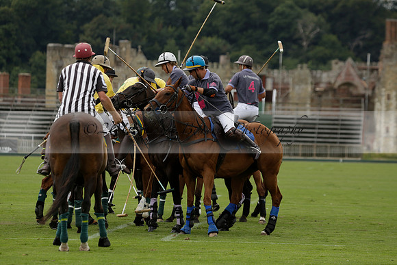 La Tremenda (lilac) v Maiz Dulce (yellow) in a Brecknock Cup polo match played on Lawns 1 at the Cowdray Park Polo Club on Tuesday 13 August 2013