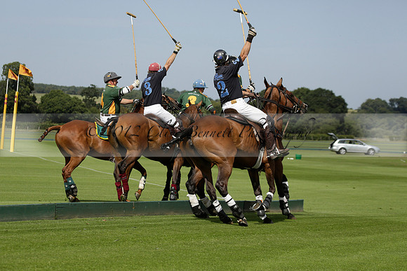 Maiz Dulce (green) v River (blue) in a Uber Polo Midsummer 12 goal polo match on Wednesday 21 August 2013 at Cowdray park Polo Club on Ambersham 2.  www.polopictures.co.uk