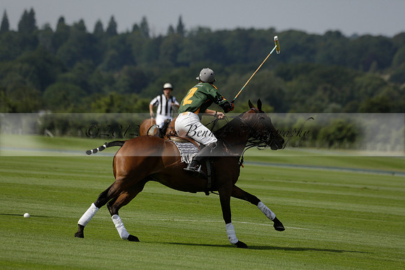 Maiz Dulce (green) v River (blue) in a Uber Polo Midsummer 12 goal polo match on Wednesday 21 August 2013 at Cowdray park Polo Club on Ambersham 2.  www.polopictures.co.uk