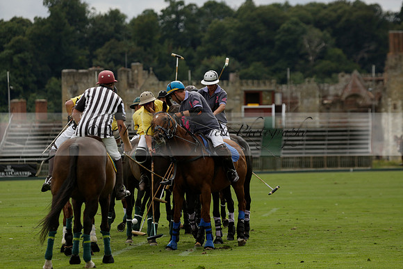 La Tremenda (lilac) v Maiz Dulce (yellow) in a Brecknock Cup polo match played on Lawns 1 at the Cowdray Park Polo Club on Tuesday 13 August 2013