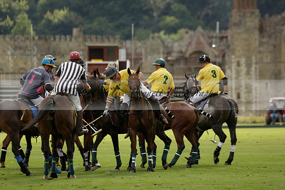 La Tremenda (lilac) v Maiz Dulce (yellow) in a Brecknock Cup polo match played on Lawns 1 at the Cowdray Park Polo Club on Tuesday 13 August 2013