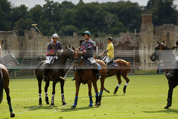 La Tremenda (lilac) v Maiz Dulce (yellow) in a Brecknock Cup polo match played on Lawns 1 at the Cowdray Park Polo Club on Tuesday 13 August 2013