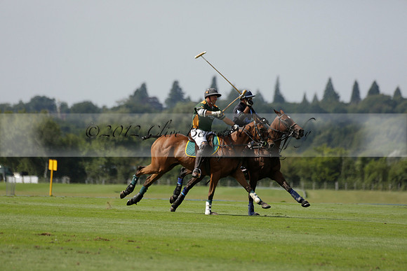 Maiz Dulce (green) v River (blue) in a Uber Polo Midsummer 12 goal polo match on Wednesday 21 August 2013 at Cowdray park Polo Club on Ambersham 2.  www.polopictures.co.uk