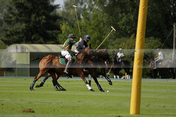 Maiz Dulce (green) v River (blue) in a Uber Polo Midsummer 12 goal polo match on Wednesday 21 August 2013 at Cowdray park Polo Club on Ambersham 2.  www.polopictures.co.uk