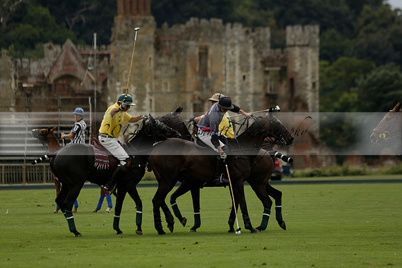La Tremenda (lilac) v Maiz Dulce (yellow) in a Brecknock Cup polo match played on Lawns 1 at the Cowdray Park Polo Club on Tuesday 13 August 2013