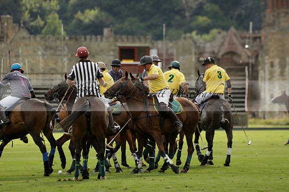 La Tremenda (lilac) v Maiz Dulce (yellow) in a Brecknock Cup polo match played on Lawns 1 at the Cowdray Park Polo Club on Tuesday 13 August 2013