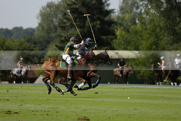 Maiz Dulce (green) v River (blue) in a Uber Polo Midsummer 12 goal polo match on Wednesday 21 August 2013 at Cowdray park Polo Club on Ambersham 2.  www.polopictures.co.uk