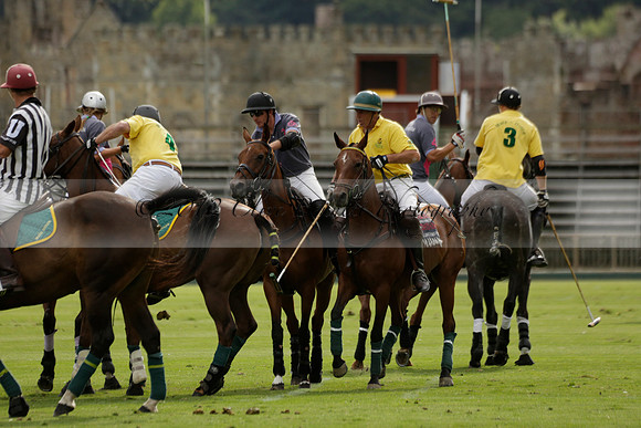 La Tremenda (lilac) v Maiz Dulce (yellow) in a Brecknock Cup polo match played on Lawns 1 at the Cowdray Park Polo Club on Tuesday 13 August 2013