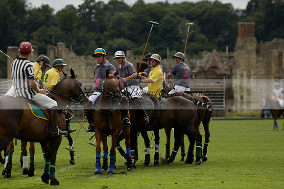 La Tremenda (lilac) v Maiz Dulce (yellow) in a Brecknock Cup polo match played on Lawns 1 at the Cowdray Park Polo Club on Tuesday 13 August 2013