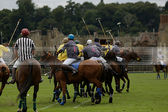 La Tremenda (lilac) v Maiz Dulce (yellow) in a Brecknock Cup polo match played on Lawns 1 at the Cowdray Park Polo Club on Tuesday 13 August 2013