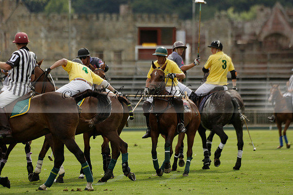 La Tremenda (lilac) v Maiz Dulce (yellow) in a Brecknock Cup polo match played on Lawns 1 at the Cowdray Park Polo Club on Tuesday 13 August 2013