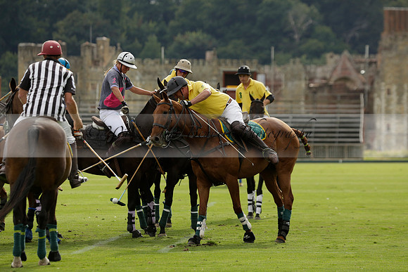 La Tremenda (lilac) v Maiz Dulce (yellow) in a Brecknock Cup polo match played on Lawns 1 at the Cowdray Park Polo Club on Tuesday 13 August 2013