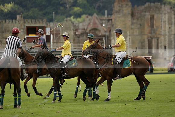 La Tremenda (lilac) v Maiz Dulce (yellow) in a Brecknock Cup polo match played on Lawns 1 at the Cowdray Park Polo Club on Tuesday 13 August 2013