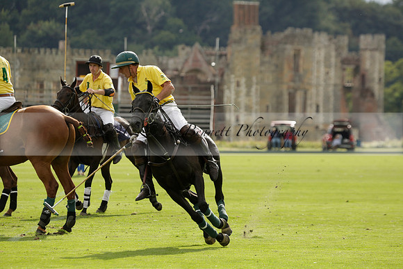 La Tremenda (lilac) v Maiz Dulce (yellow) in a Brecknock Cup polo match played on Lawns 1 at the Cowdray Park Polo Club on Tuesday 13 August 2013