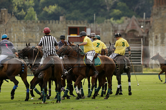 La Tremenda (lilac) v Maiz Dulce (yellow) in a Brecknock Cup polo match played on Lawns 1 at the Cowdray Park Polo Club on Tuesday 13 August 2013